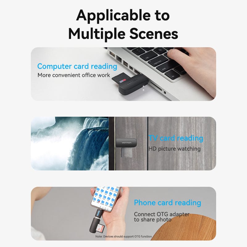 VENTION 2-in-1 USB 3.0 A Card Reader(SD+TF) Black Dual Drive Letter