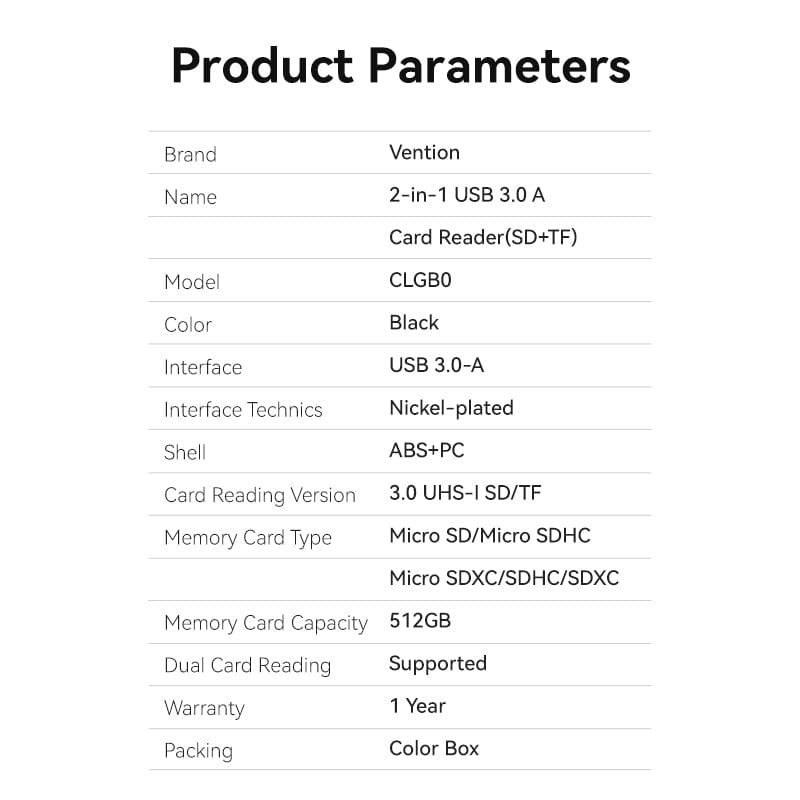 VENTION 2-in-1 USB 3.0 A Card Reader(SD+TF) Black Dual Drive Letter