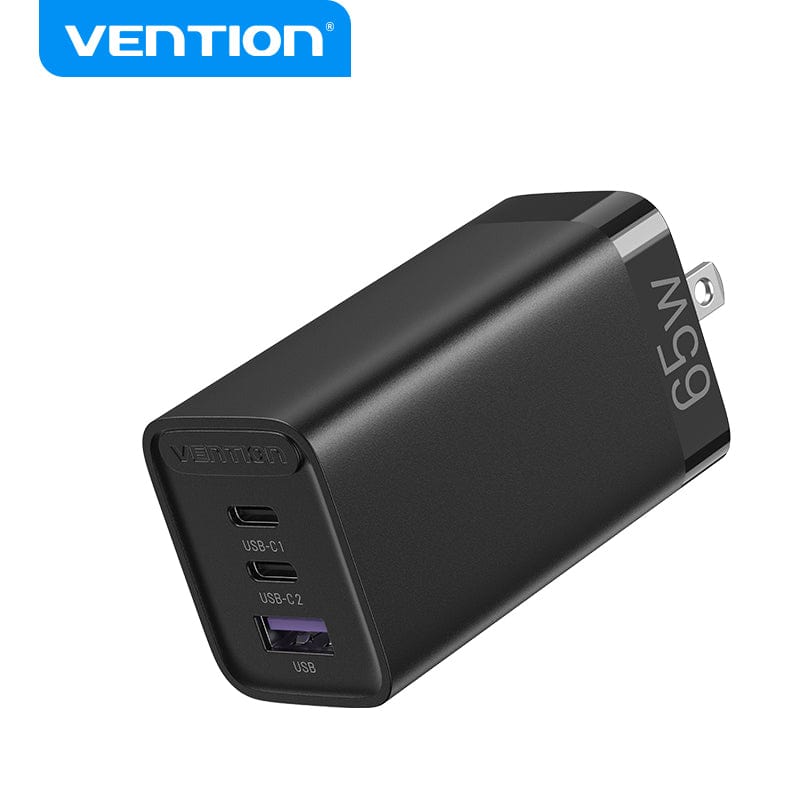 VENTION Black 3-port USB(C+C+A) GaN Charger(65W/30W/30W) JP/US-Plug