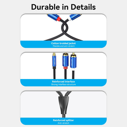 VENTION Cotton Braided 3.5mm Male to 2RCA Male Audio Cable Blue Aluminum Alloy Type