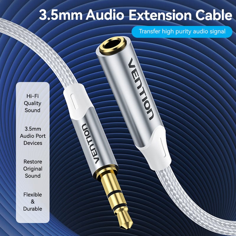 VENTION Cotton Braided 3.5mm Male to 3.5mm Female Audio Extension Cable  Silver Aluminum Alloy Type