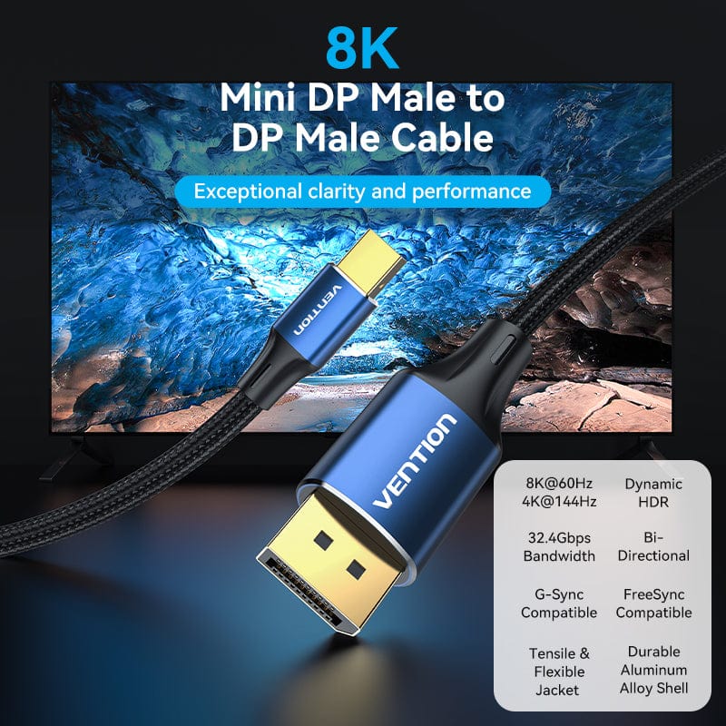 VENTION Cotton Braided Mini DP Male to DP Male 8K HD Cable Blue Aluminum Alloy Type