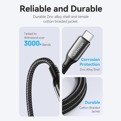 VENTION Cotton Braided USB 2.0 C Male to C Male 5A Cable Black Zinc Alloy Type