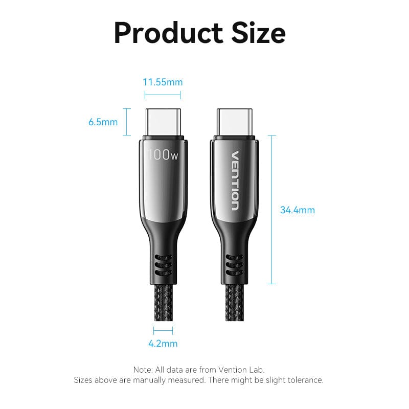 VENTION Cotton Braided USB 2.0 C Male to C Male 5A Cable Black Zinc Alloy Type