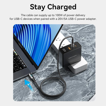 VENTION Cotton Braided USB 2.0 C Male to C Male 5A Cable With LED Display Black Zinc Alloy Type
