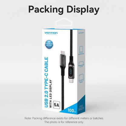 VENTION Cotton Braided USB 2.0 C Male to C Male 5A Cable With LED Display Black Zinc Alloy Type