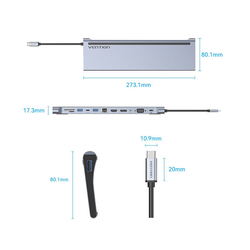 VENTION Multi-function USB-C to DP/HDMI/VGA/USB-C Gen 1/USB 3.0x2/USB 2.0/RJ45/SD/TF/TRRS 3.5mm/PD Docking Station 0.25m Gray Metal Type