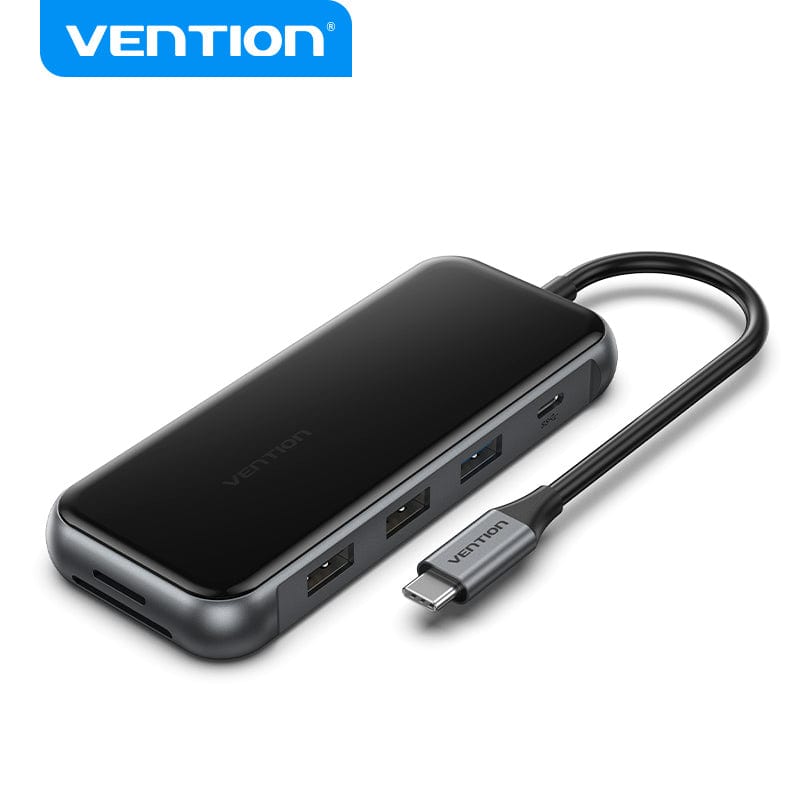 VENTION Multi-function USB-C to HDMI/USB-C Gen 1/USB 3.0/USB 2.0*2/RJ45/SD/TF/PD Docking Station 0.15m Black Mirrored Surface Type