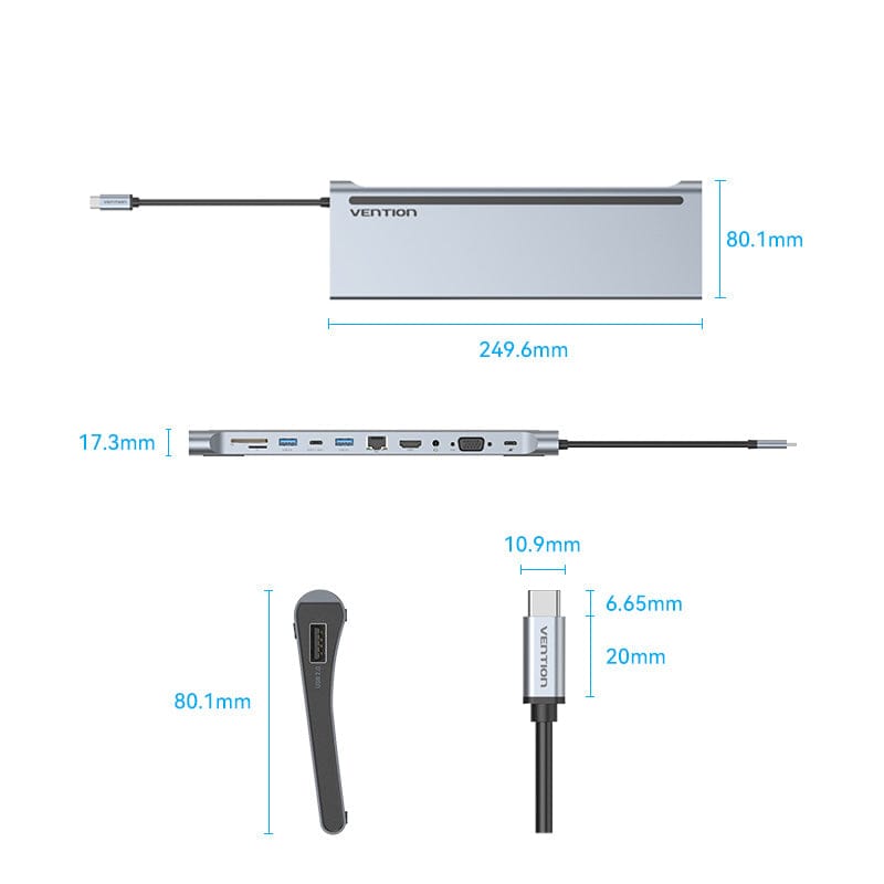 Vention Multi-function USB-C to HDMI/VGA/USB-C Gen 1/USB 3.0x2/USB 2.0/RJ45/SD/TF/TRRS 3.5mm/PD Docking Station 0.25m Gray Metal Type