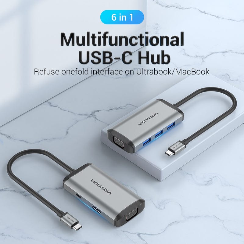Vention Multi-function USB-C to HDMI/VGA/USB3.0*3/PD Docking Station 0.15M Gray Metal Type