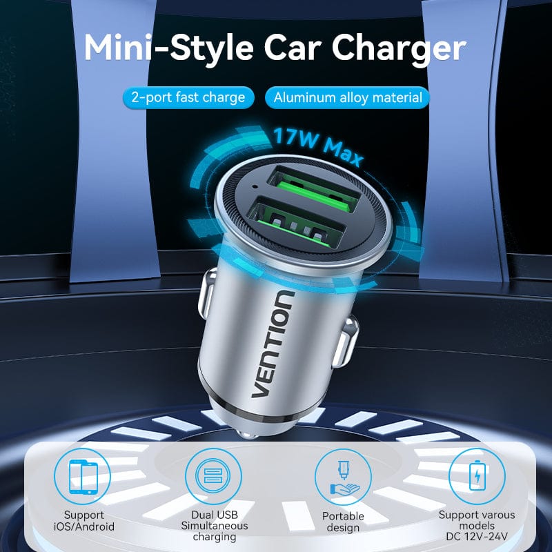 VENTION Two-Port USB A+A(18/18) Car Charger Gray Mini Style Aluminium Alloy Type