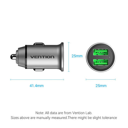 VENTION Two-Port USB A+A(18/18) Car Charger Gray Mini Style Aluminium Alloy Type