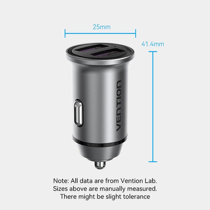 VENTION Two-Port USB A+A(30/30) Car Charger Gray Mini Style Aluminium Alloy Type