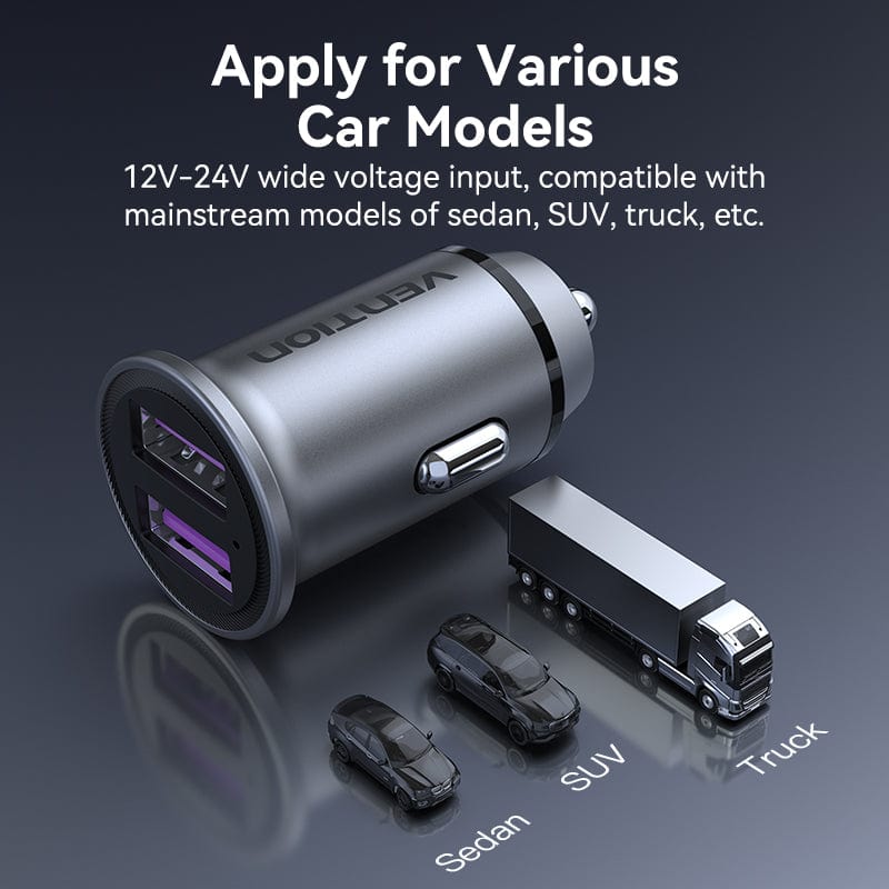 VENTION Two-Port USB A+A(30/30) Car Charger Gray Mini Style Aluminium Alloy Type