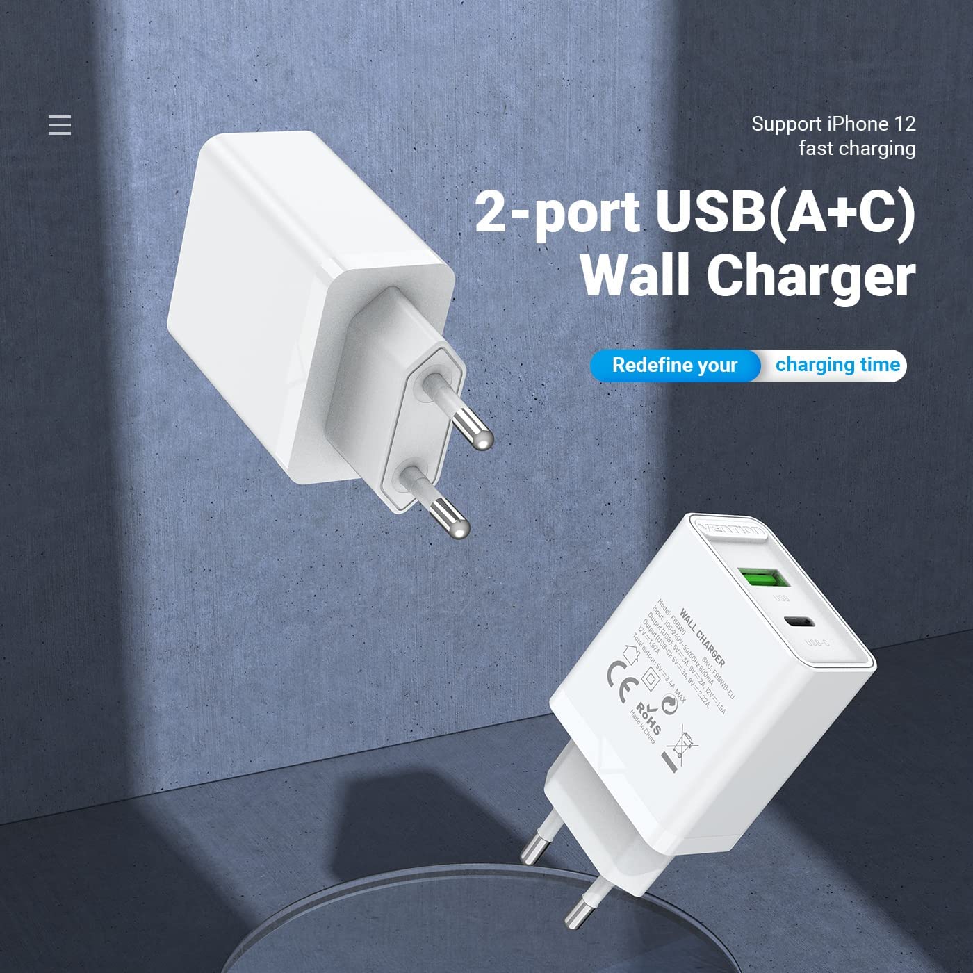 VENTION Two-Port  USB(A+C) Wall Charger (18W/20W) EU-Plug White