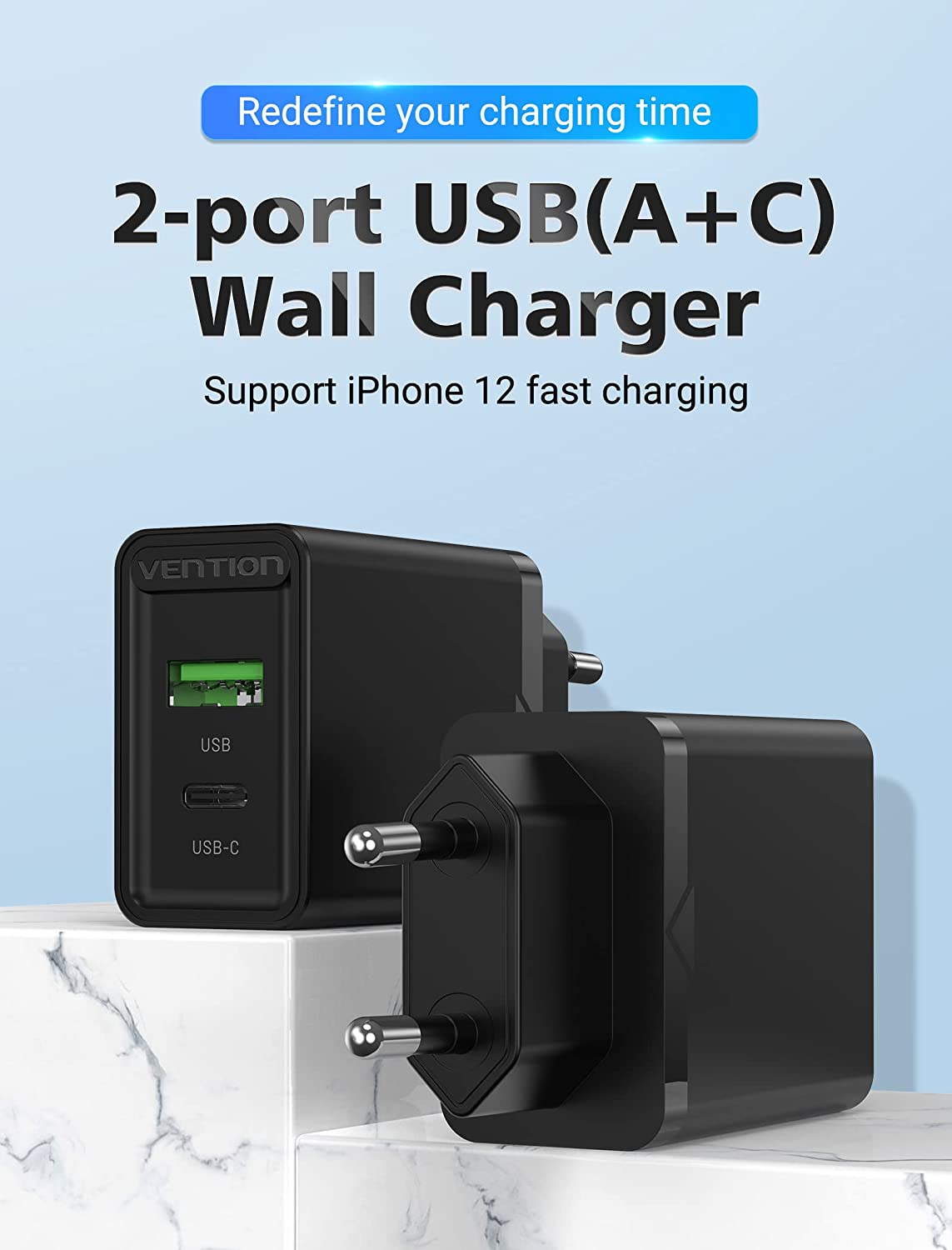 VENTION Two-Port  USB(A+C) Wall Charger (18W/20W) EU-Plug White