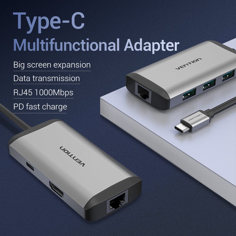 VENTION Type-C to HDMI/USB3.0*3/RJ45/PD Converter 0.15M Gray Metal Type