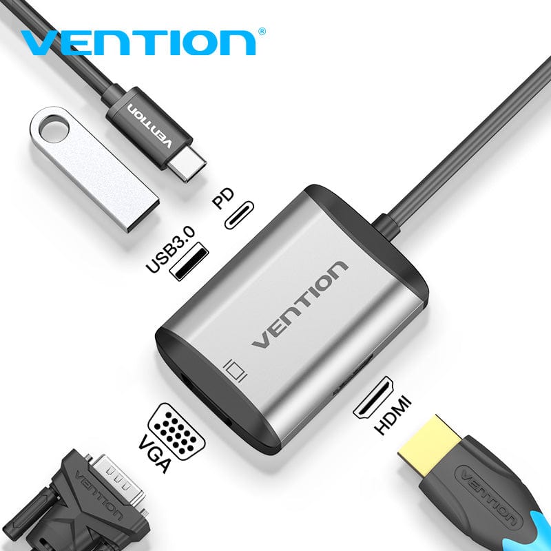 Vention Type-C to HDMI/VGA/USB3.0/PD Converter 0.15M Gray Metal Type