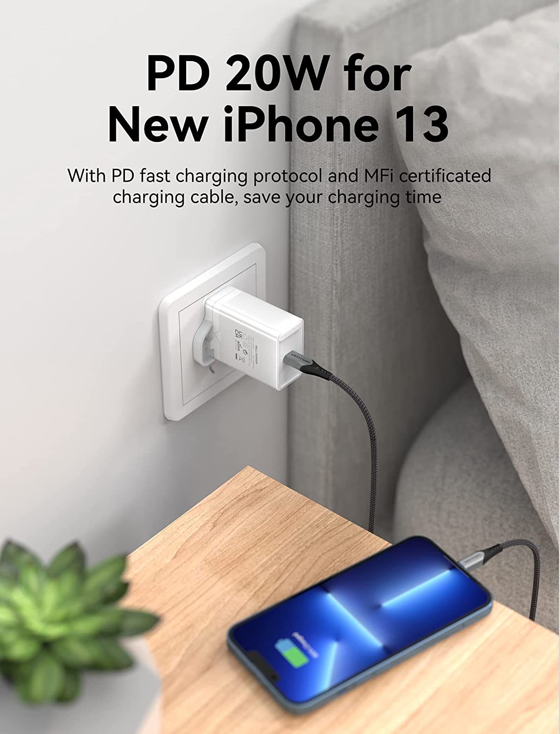 VENTION USB A+C Two-Port  USB(A+C) Wall Charger (18W/20W) UK-Plug White