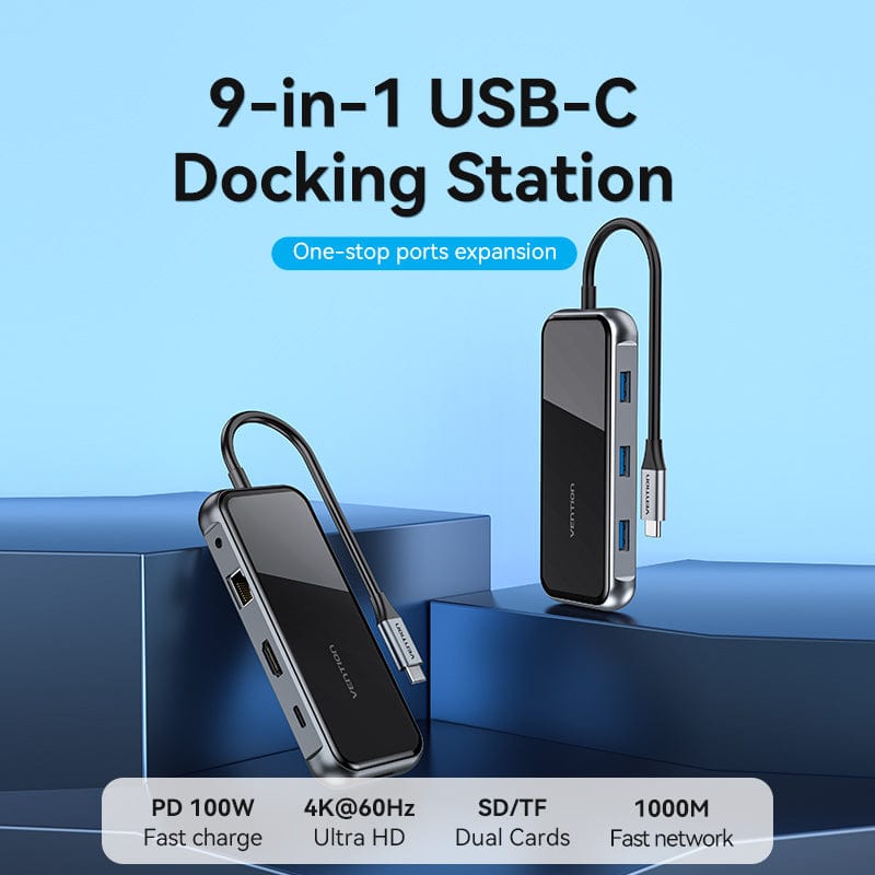 VENTION USB-C to HDMI/USB 3.0x3/RJ45/SD/TF/TRRS 3.5mm/PD Docking Station 0.15M Gray Mirrored Surface Type
