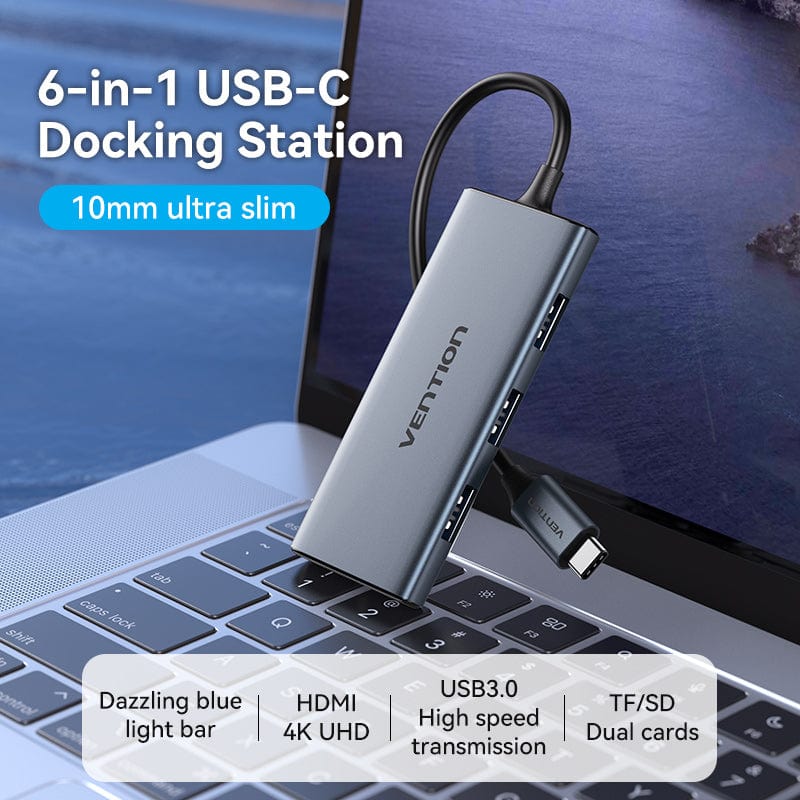 VENTION USB-C to HDMI/USB 3.0x3/SD/TF Docking Station Aluminum Alloy Type 0.15M Gray