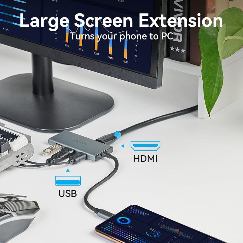 VENTION USB-C to HDMI/USB 3.0x3/SD/TF Docking Station Aluminum Alloy Type 0.15M Gray