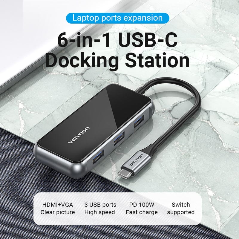 VENTION USB-C to HDMI/VGA/USB 3.0x3/PD Docking Station 0.15M Gray Mirrored Surface Type