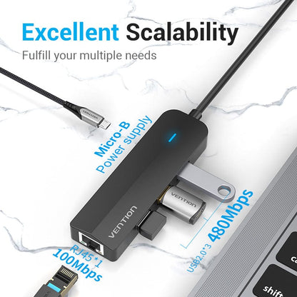 Vention USB-C to USB 2.0*3/RJ45/Micro-B HUB 0.15M Black ABS Type