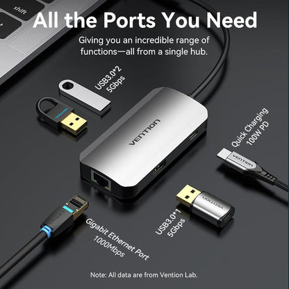 VENTION USB-C to USB3.0x3/RJ45/PD Hub 0.15M Gray Aluminum Alloy Type