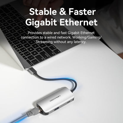 VENTION USB-C to USB3.0x3/RJ45/PD Hub 0.15M Gray Aluminum Alloy Type