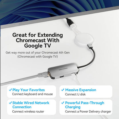 VENTION USB-C to USB3.0x3/RJ45/PD Hub 0.15M Gray Aluminum Alloy Type