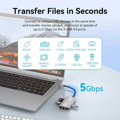 VENTION USB-C to USB3.0x3/RJ45/PD Hub 0.15M Gray Aluminum Alloy Type