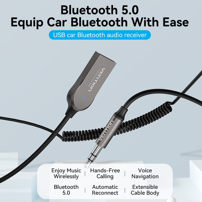 VENTION USB Car Bluetooth5.0 Audio Receiver With Coiled Cable 1.5M Gray Zinc Alloy Type